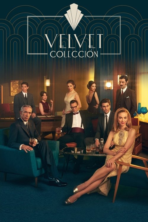 The poster features elegantly dressed characters in a dimly lit, sophisticated room with warm lighting. The muted color palette of deep blues, golds, and blacks creates an intimate and mysterious atmosphere. The group photo captures a sense of camaraderie and timeless elegance, hinting at the sho...