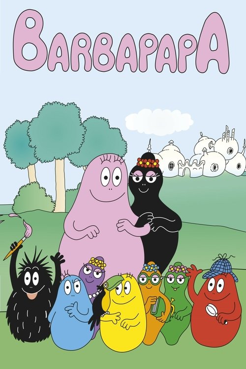 This colorful poster features the beloved Barbapapa family—pink, black, and yellow characters—standing together in a cheerful outdoor setting. The playful, cartoonish style with bright hues evokes a joyful and friendly mood, capturing the essence of the show's lively and heartwarming narrative.