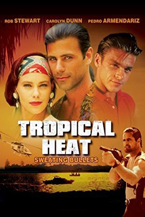 The poster features three men in dramatic poses against a warm sunset backdrop, with tropical heat evoked through vibrant colors and the title "Tropical Heat" prominently displayed. The mood is intense and adventurous, hinting at a thrilling narrative.