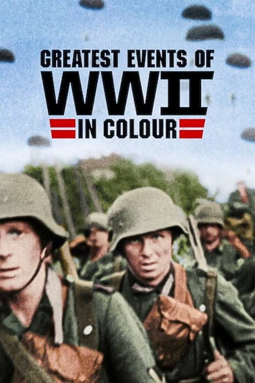 The poster captures a gritty wartime atmosphere with soldiers in olive drab uniforms, helmets, and rifles, evoking the somber mood of World War II. The muted greens and browns of the uniforms contrast with the blue sky and dark clouds, while bold red stripes add a sense of urgency and drama.