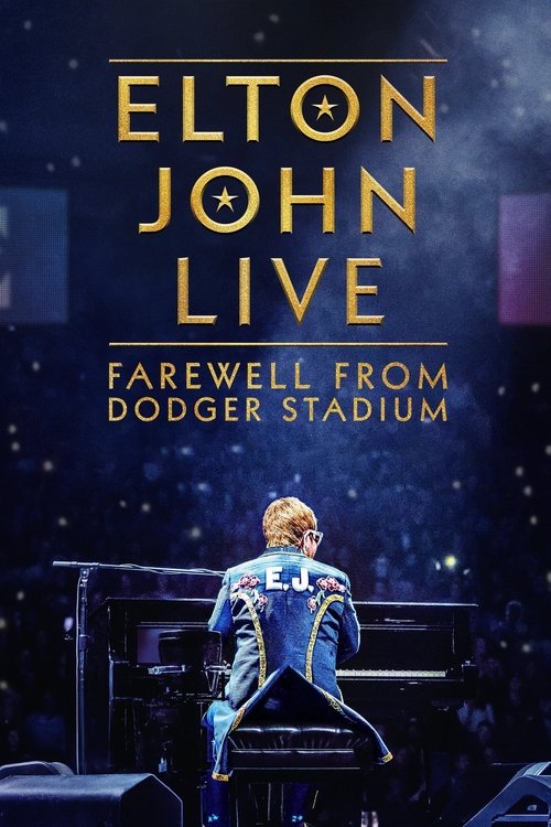 Elton John is captured in a moment of emotional farewell, seated at a grand piano against a starry backdrop. The poster features bold, golden typography that contrasts with the cool blues and purples of the night sky. The mood is one of nostalgia and farewell, evoking a sense of connection betwee...
