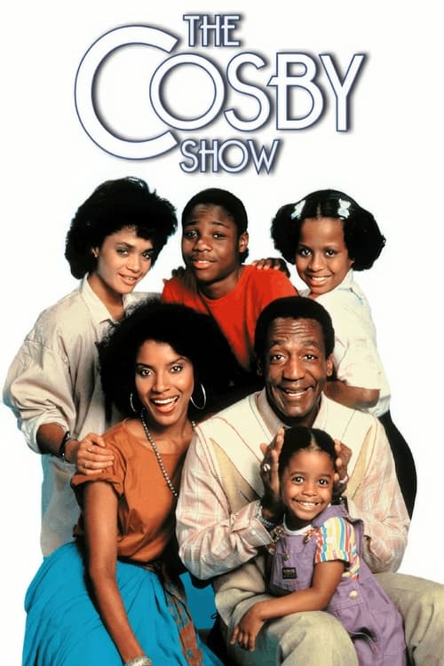 The Cosby Show poster features a warm, family-oriented scene with a diverse group of characters—parents, children, and a young girl—standing together against a clean white background. The vibrant colors of their clothing, from the bright blue dress to the red shirt, create a cheerful and inviting...