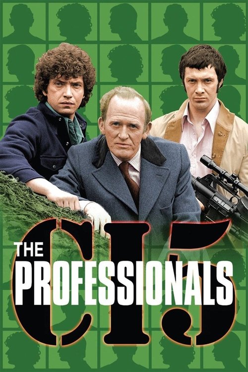 The poster features three men in professional attire against a green background with silhouettes of people. The central figure is a bald man in a suit, flanked by two others. The color scheme is dominated by green and black, creating a serious and intense atmosphere. The title "The Professionals"...
