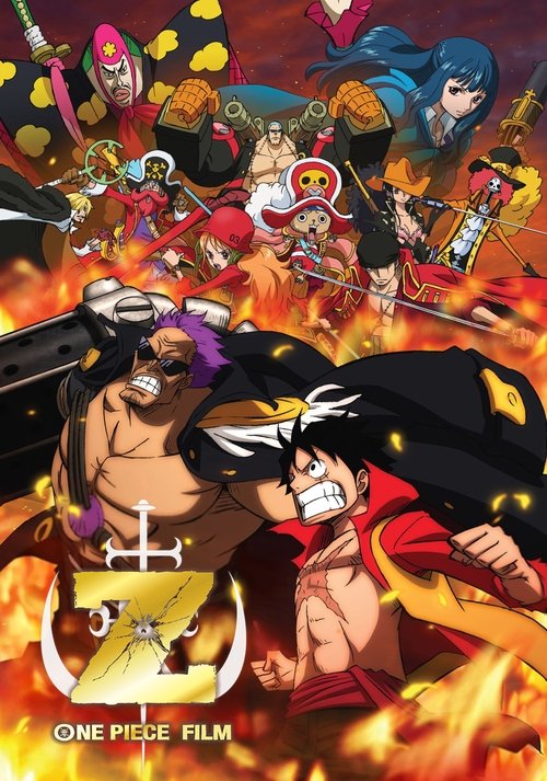The poster features a dynamic battle scene with multiple characters in action, including a muscular man with purple hair and a red-clad figure. The fiery background and intense expressions convey an epic, action-packed atmosphere. The title "One Piece Film: Z" is prominently displayed at the bott...