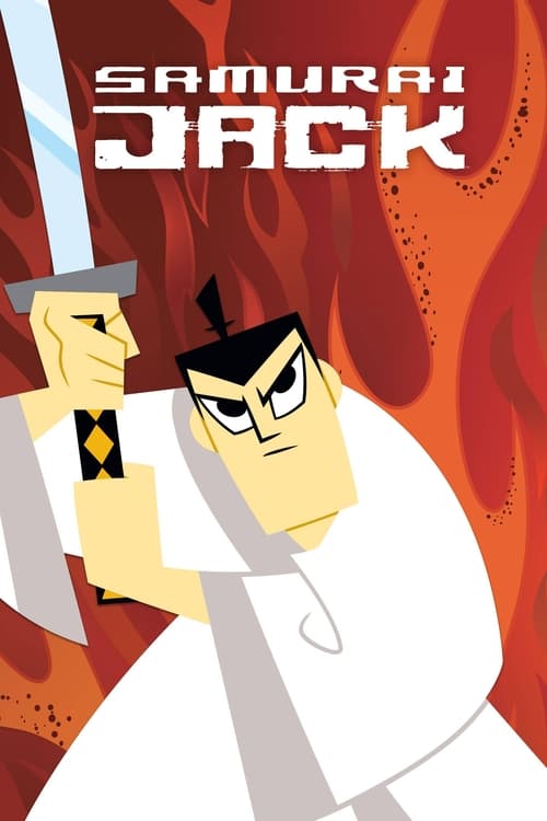 The poster features a stylized, blocky character with sharp features and intense eyes, holding a sword aloft against a fiery red background. The bold, jagged title "SAMURAI JACK" dominates the top, evoking a sense of adventure and action. The composition conveys a dynamic, heroic mood with dramat...