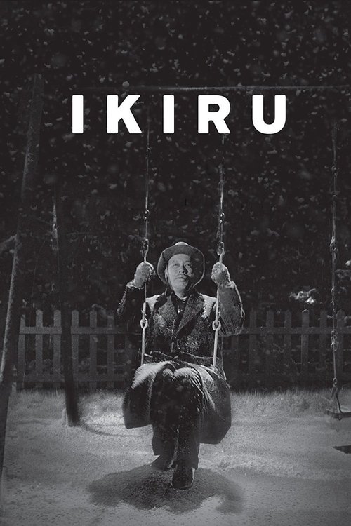 The black-and-white poster captures a lone figure sitting on a swing in a snowy, dark forest. The stark lighting and monochromatic palette evoke a sense of solitude and introspection. The title "IKIRU" stands out boldly against the snowy backdrop, hinting at themes of hope and new beginnings.