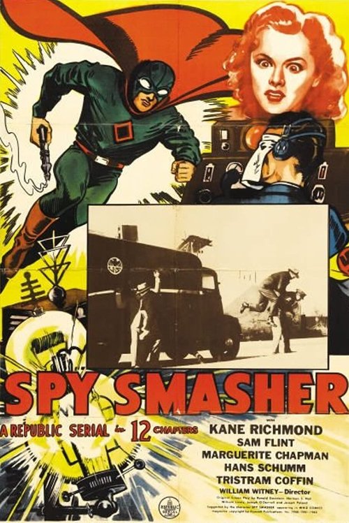 This vintage spy movie poster features a dramatic scene with a masked hero in a green suit, a woman with red hair in a blue outfit, and a military vehicle. The bold red and yellow colors evoke a sense of adventure and action. The poster suggests a thrilling espionage story with a classic film aes...