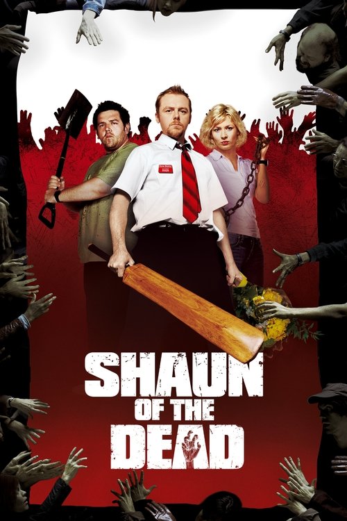 The poster features three characters—Shaun, his wife, and a young man—standing in a horror movie setting. They are surrounded by grotesque, zombie-like figures with decaying limbs and blood-stained hands. The background is filled with red hues and ominous shadows, creating a tense and eerie atmos...