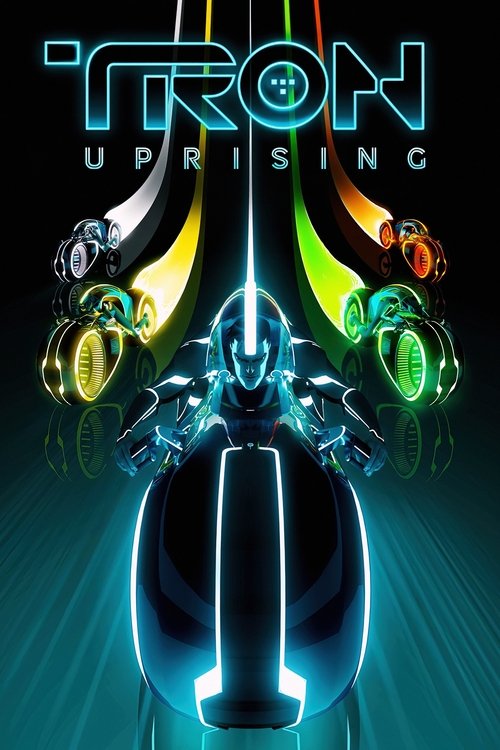 The poster features a futuristic robot with glowing blue and green eyes, set against a dark background. Above, the title "TRON UPRISING" is displayed in bold, neon-style lettering. Surrounding the robot are colorful, glowing orbs of light in yellow, green, and orange, creating a vibrant and dynam...