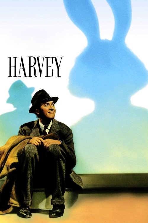 The poster features a man in a black suit and hat sitting on a bench, with a large blue rabbit silhouette in the background. The muted colors and shadowy atmosphere evoke a sense of mystery and nostalgia.