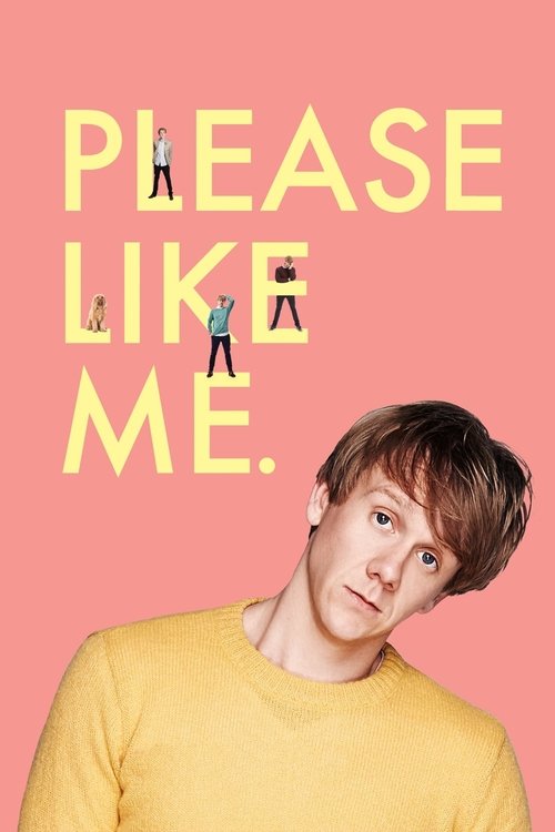The poster features a young man in a yellow sweater against a soft pink background. The text "PLEASE LIKE ME." is written in large, bold yellow letters. Tiny figures of people are scattered around the text, adding a playful and whimsical touch to the design.
