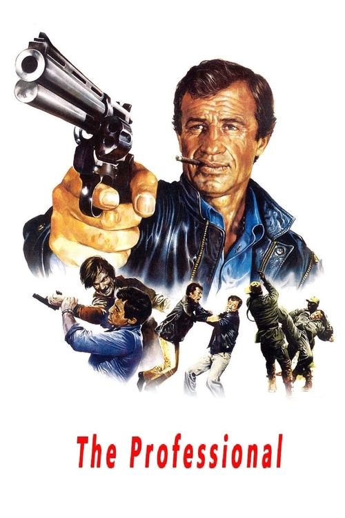 The Professional poster features a gritty, action-packed scene with a central figure holding a revolver, surrounded by smaller characters in various poses suggesting chaos and danger. The dramatic lighting and intense colors convey a tense, suspenseful mood, emphasizing the film's action and thri...
