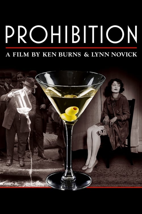 The poster features a striking black-and-white image of a woman in a trench coat, surrounded by figures in period attire. A martini glass with an olive sits prominently in the foreground, symbolizing the era's prohibition. The muted sepia tones and shadowy figures evoke a sense of mystery and his...