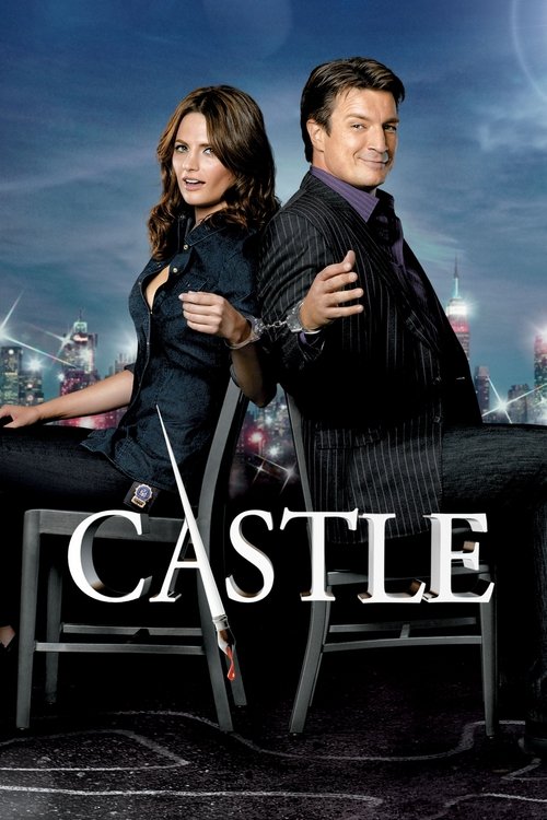 The poster features a dramatic scene with a woman in a dark outfit and a man in a suit, both looking serious. The background shows a cityscape at night with lights, suggesting an urban setting. The title "CASTLE" is prominently displayed in bold letters, conveying a sense of mystery and intrigue.