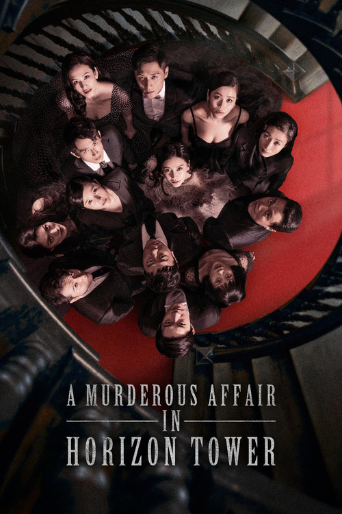 The poster features a group of people gathered in a circular arrangement, creating a sense of mystery and intrigue. The dark tones and shadows evoke a somber and suspenseful mood, while the red circle adds a striking contrast that draws the viewer's eye. The title "A Murderous Affair in Horizon T...