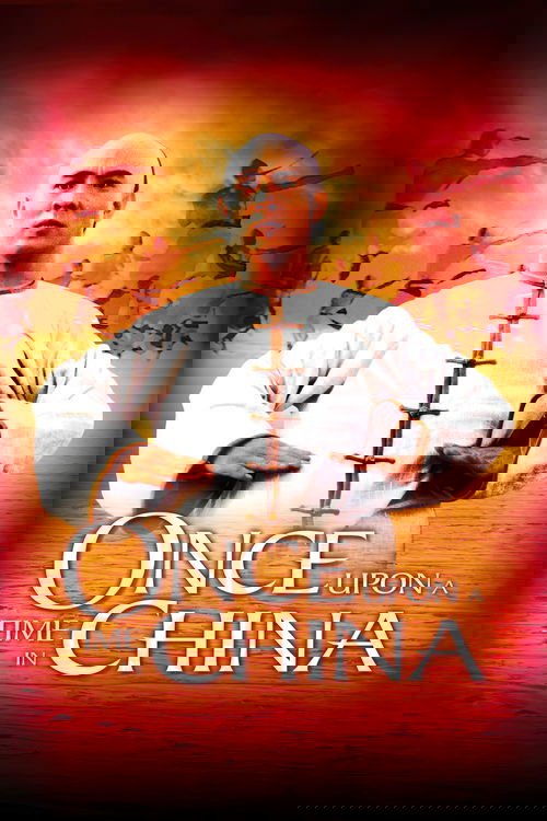 The poster features a bald martial artist in a white robe, exuding strength and determination. The background is filled with silhouettes of people in motion, suggesting action and adventure. The warm red and orange hues create an intense and dramatic atmosphere, emphasizing the film's adventurous...