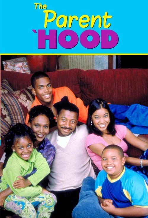 The Parent Hood poster features a warm, family portrait with six smiling children and adults gathered on a cozy couch. Vibrant colors like orange, pink, and blue create a cheerful, inviting atmosphere, evoking a sense of familial love and happiness.