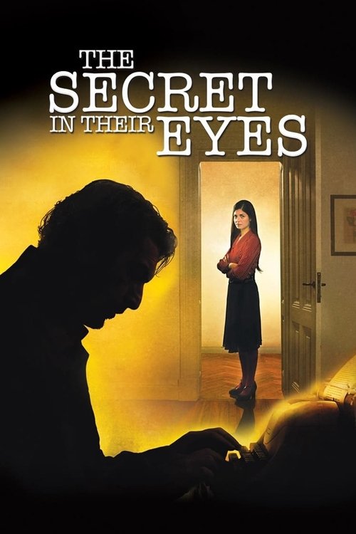 The poster features a silhouette of a man in the foreground against a warm, glowing yellow background, while a woman stands in a doorway, holding a book. The mood is mysterious and suspenseful, with the interplay of light and shadow enhancing the intrigue.