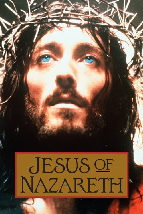 The poster features a dramatic portrait of Jesus with piercing blue eyes and a crown of thorns, evoking a sense of mystery and solemnity. The warm, golden lighting enhances the emotional depth, while the bold, red-bordered title "Jesus of Nazareth" anchors the image with its iconic biblical signi...