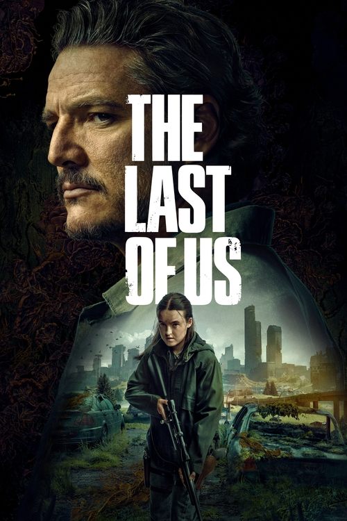 The poster features a gritty, dark atmosphere with a man in the foreground holding a rifle, set against a backdrop of a cityscape at dusk. The title "The Last of Us" is prominently displayed in bold white letters. The overall mood is intense and suspenseful, reflecting the show's themes of surviv...