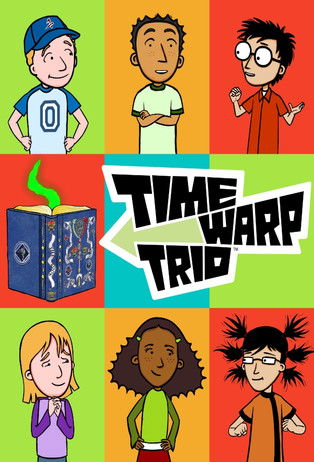 This vibrant poster showcases three animated characters in a colorful grid against a cheerful background. The characters exude playful energy, with bright hues like lime green, orange, and blue creating a lively atmosphere. The central logo, "Time Warp Trio," stands out with bold typography, hint...