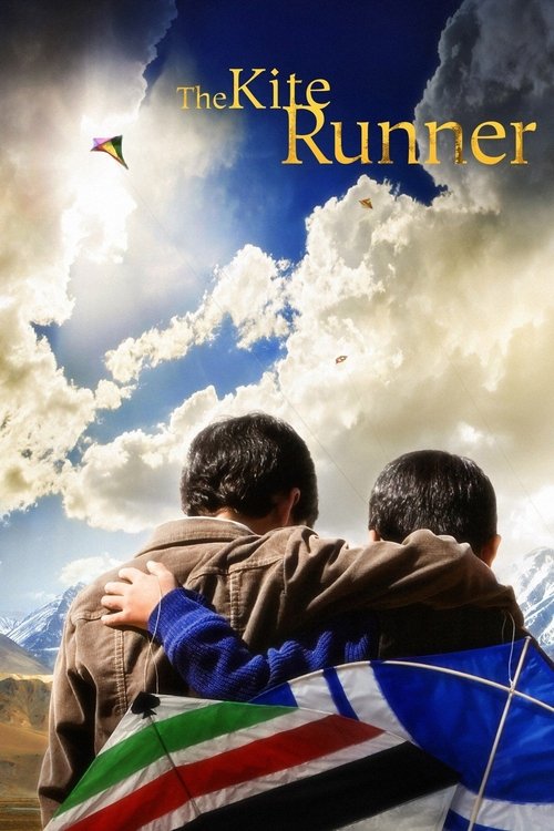 The poster features two men embracing under a bright blue sky filled with fluffy white clouds. A vibrant Ethiopian flag with its iconic red, white, and green stripes is draped over the man on the left, symbolizing their shared heritage. The title "The Kite Runner" glows in warm golden hues agains...