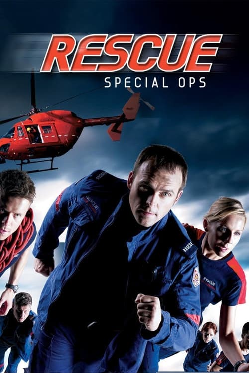 The poster features a dramatic scene with a man in a blue jumpsuit running forward, flanked by two women in red and blue uniforms. A red helicopter hovers above them against a dark, stormy sky. The intense expressions and dynamic pose convey urgency and action, while the bold title "Rescue: Speci...
