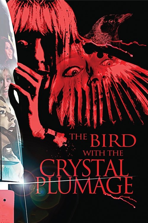 The poster features a hauntingly beautiful image of a woman with long, flowing hair against a dark background, her face partially obscured by red feathers. The title "The Bird with the Crystal Plumage" is prominently displayed in bold, red text, evoking a sense of mystery and intrigue. The overal...