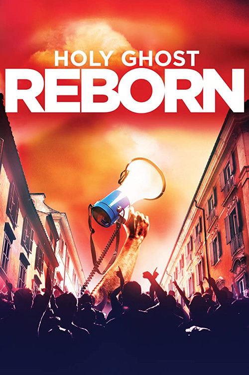 The poster features silhouettes of people raising their hands against a dramatic sunset, with a megaphone held aloft. The fiery orange and red hues create an intense, spiritual atmosphere, evoking a sense of urgency and hope.