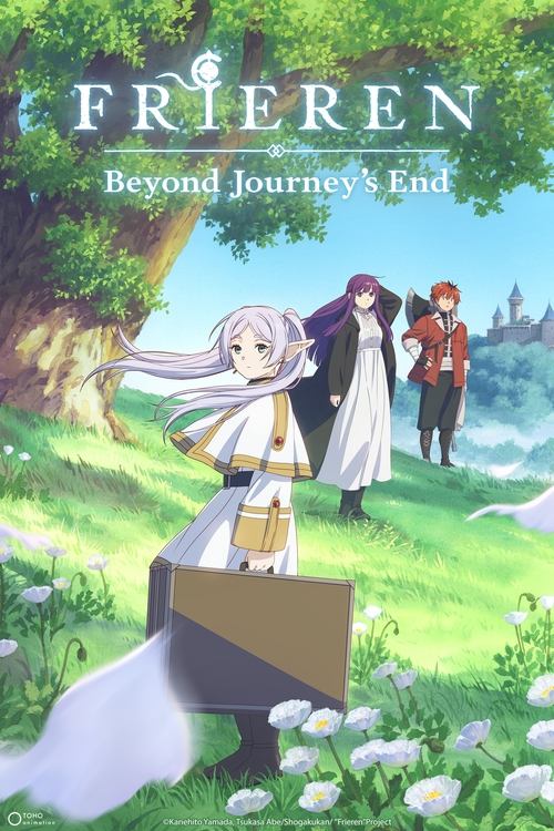 The poster features a serene, sunlit scene with a young elf girl in a white dress standing on a wooden box, surrounded by lush greenery and white flowers. In the background, two characters—a woman in a white dress and a man in a red jacket—stand on a grassy hill, gazing into the distance. The war...