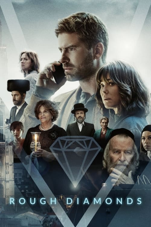 The poster features a dramatic group of characters against a moody, dark background with a glowing diamond symbol. The cool tones of blues and greys create a suspenseful atmosphere, while the warm skin tones of the actors add emotional depth. The overall mood is mysterious and intense, hinting at...