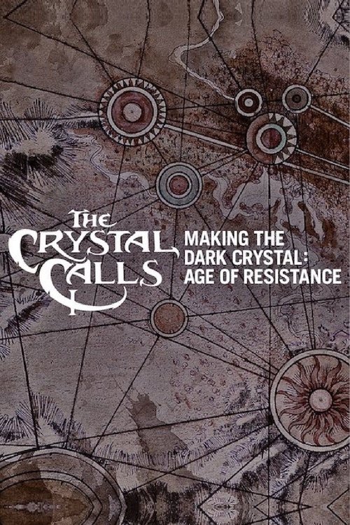 The poster features a gritty, sepia-toned background with intricate gears and mechanical designs, evoking a sense of industrial decay and ancient mystery. The title "The Crystal Calls" is prominently displayed in bold, metallic lettering, while the subtitle "Making The Dark Crystal: Age of Resist...