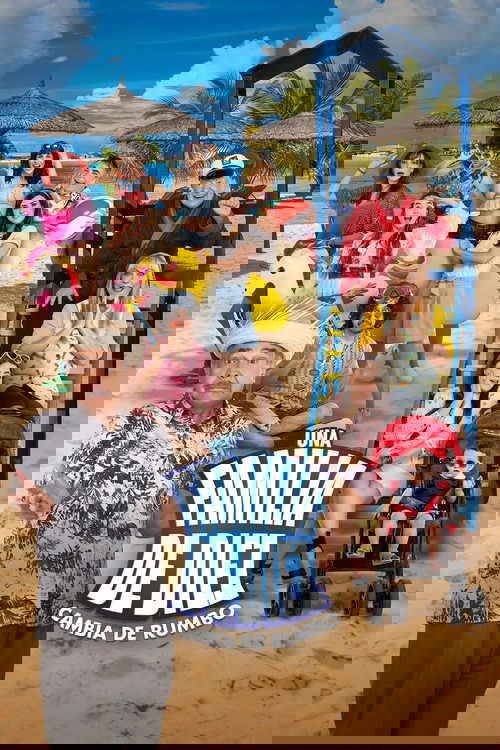 The poster features a vibrant beach scene with ten diverse family members posing joyfully. Bright colors like reds, blues, and yellows create a lively atmosphere, while the sandy beach and palm trees add to the tropical vibe. The title "Una familia de diez" is prominently displayed in bold, playf...