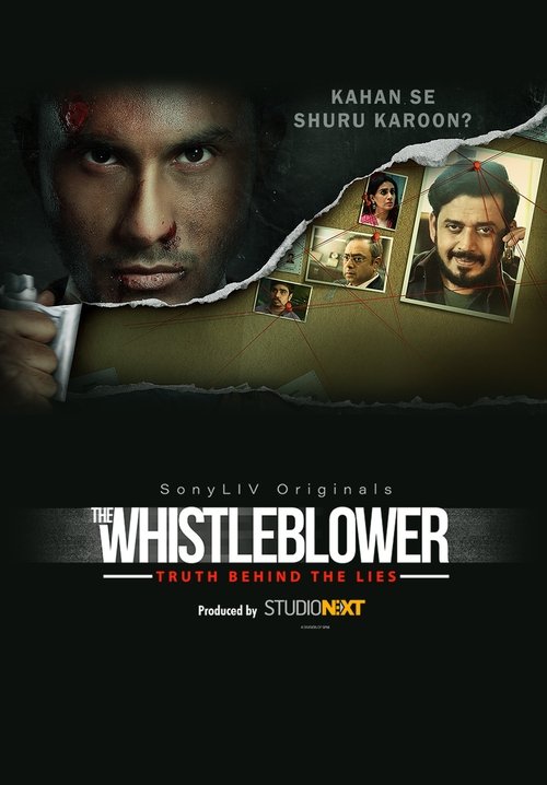 The poster features a dramatic close-up of a man's intense face against a dark background, with smaller images of other characters subtly integrated. The color scheme is predominantly black and dark tones, creating a somber and mysterious atmosphere. The title "WHISTLEBLOWER" is prominently displ...