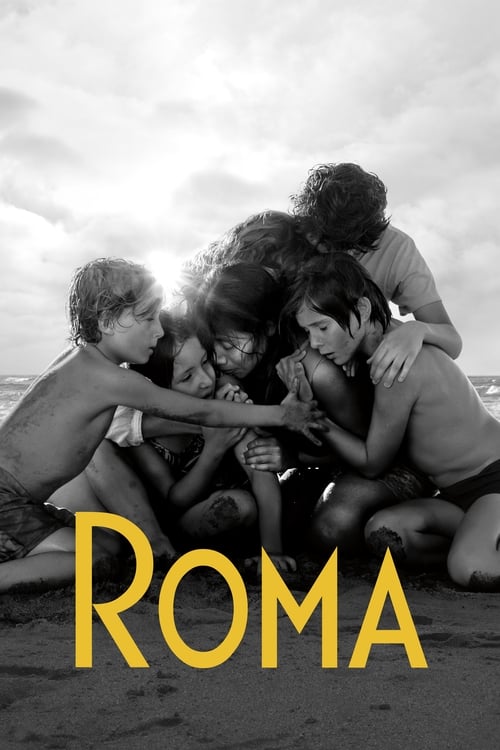 This black-and-white poster captures a group of young people huddled together on a beach, creating a sense of unity and camaraderie. The warm yellow text "ROMA" stands out against the muted tones of the image, evoking a nostalgic and timeless atmosphere.