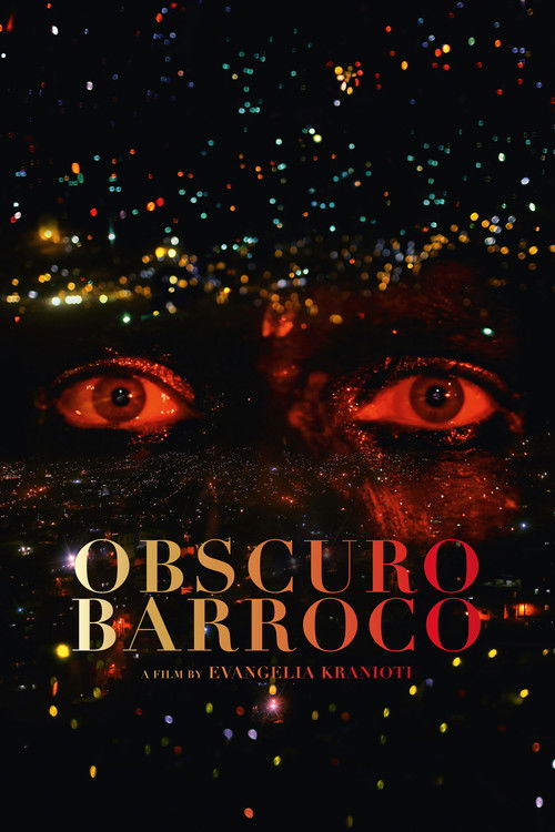 The poster features two hauntingly red eyes staring intensely at the viewer, with a dark, starry background that evokes mystery and unease. The title "Obscuro Barroco" glows in warm tones, suggesting a blend of ancient and modern elements. The overall mood is eerie and captivating, hinting at a s...