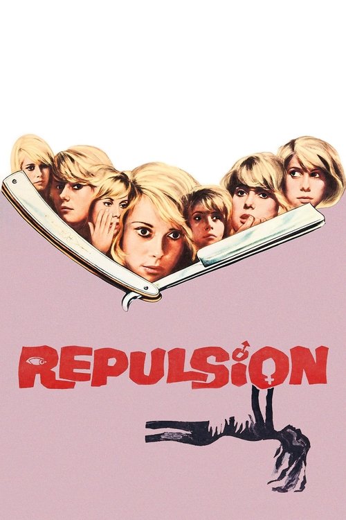 The poster features a group of blonde women with determined expressions, forming a heart shape behind a large knife. The title "REPULSION" is boldly displayed in red against a soft pink background, evoking a sense of danger and intrigue. The overall design suggests a thriller or horror movie with...