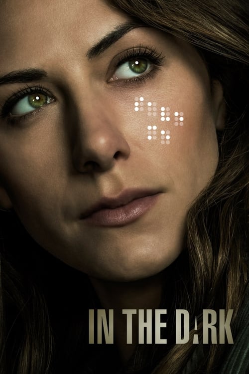 The poster features a close-up of a woman with green eyes, her expression intense and mysterious. The background is dark, emphasizing the subtle glow of white light on her face. The title "In the D:RK" is prominently displayed at the bottom in bold, metallic letters. The overall mood is suspensef...