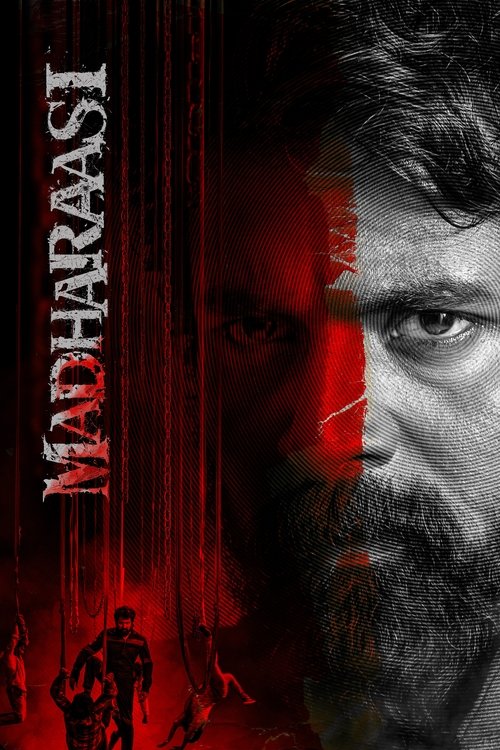 The poster features a gritty, intense close-up of a man with a beard, his face partially obscured by dramatic red and black tones. The title "Madharaasi" is boldly displayed in vertical red letters on the left, evoking a sense of danger and mystery. The overall mood is dark and suspenseful, sugge...