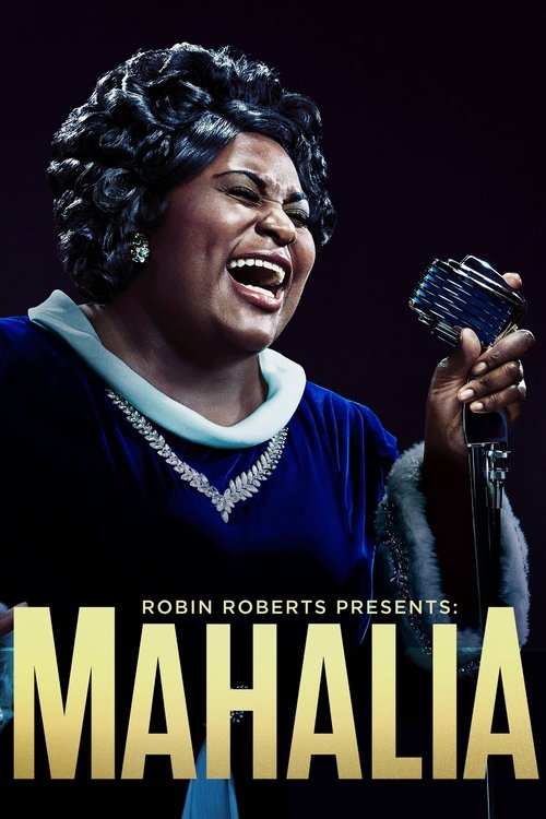 The poster features a close-up of Mahalia Jackson, captured mid-speech with an expressive face and microphone in hand. The deep blue dress contrasts with the warm golden text of the title, evoking a sense of warmth and nostalgia. The mood is one of passion and storytelling, reflecting the emotion...
