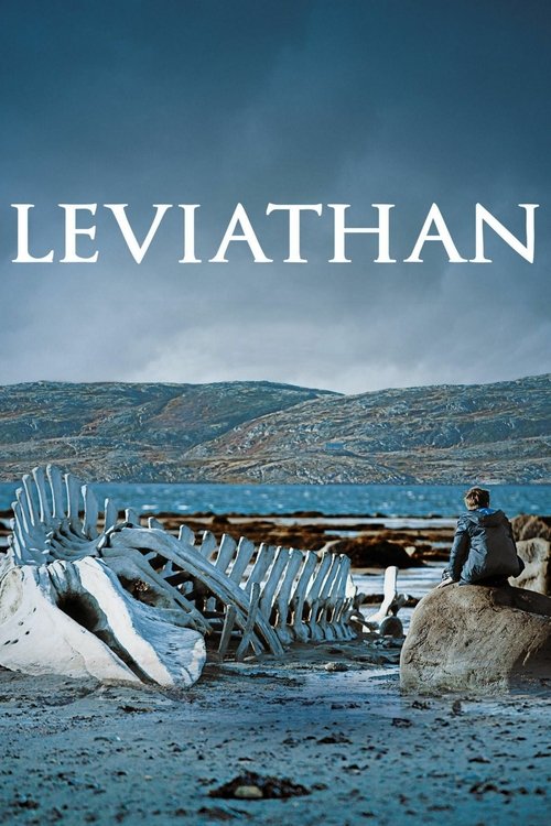 The poster features a lone figure sitting on a rock, gazing out at a vast, icy landscape. The scene is dominated by cool blues and whites, evoking a sense of isolation and mystery. The title "LEVIATHAN" is prominently displayed in bold, white letters against the backdrop of the serene yet eerie e...