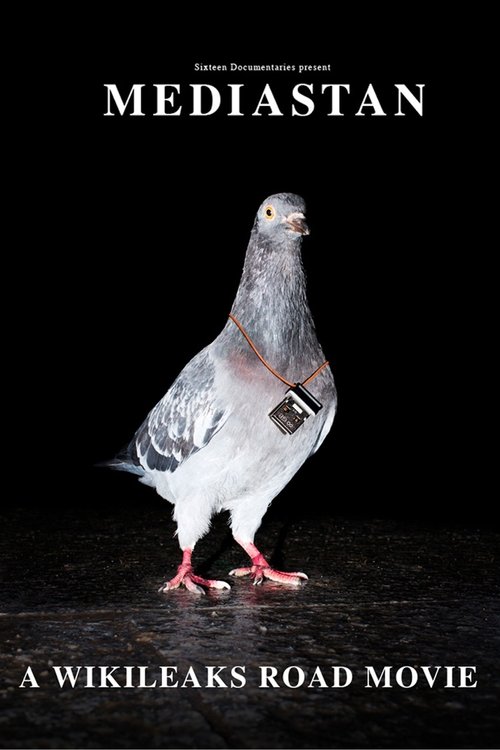 The poster features a striking pigeon with a red collar, set against a stark black background. The title "Mediastan" is prominently displayed in bold white letters, while "A Wikileaks Road Movie" appears at the bottom. The overall mood is mysterious and intriguing, with the pigeon's unique appear...