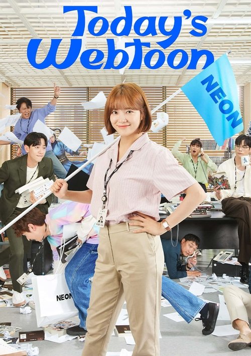 The poster features a cheerful woman in a pink shirt and beige pants standing confidently in front of a chaotic scene filled with colorful characters. The background is filled with various people in different poses, some holding signs, creating a lively and energetic atmosphere. The bright colors...