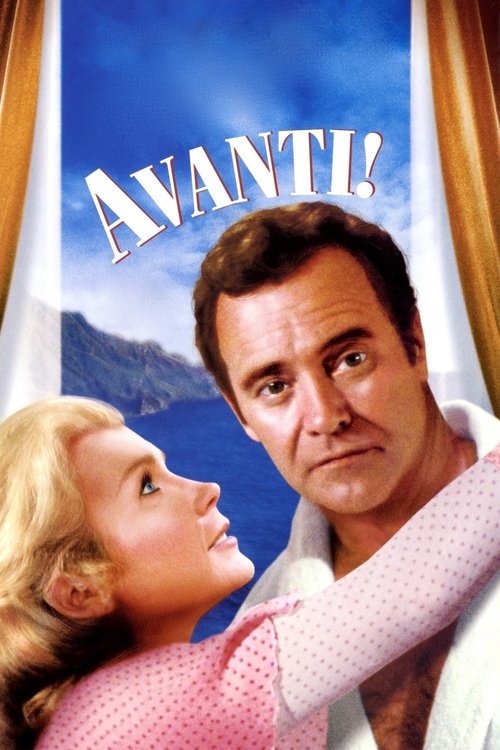 The poster features a romantic scene with a man and woman in a pink dress, set against a picturesque mountain backdrop. The title "Avanti!" is prominently displayed in bold letters, suggesting a journey or adventure. The mood is warm and inviting, capturing the essence of a classic film.