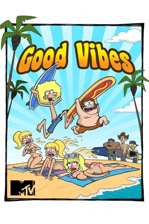 The poster features a lively beach scene with cartoon characters enjoying the sunny day. Palm trees frame the image, and the bright blue sky with clouds adds to the cheerful atmosphere. The characters appear relaxed and happy, capturing a sense of fun and relaxation.
