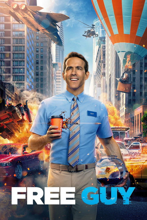 The poster features a cheerful man in a blue shirt and tie holding a coffee cup against a vibrant city backdrop. Vibrant colors like oranges, blues, and yellows dominate the scene, creating a lively and energetic atmosphere. The mood is upbeat and fun, capturing the essence of a comedic adventure.