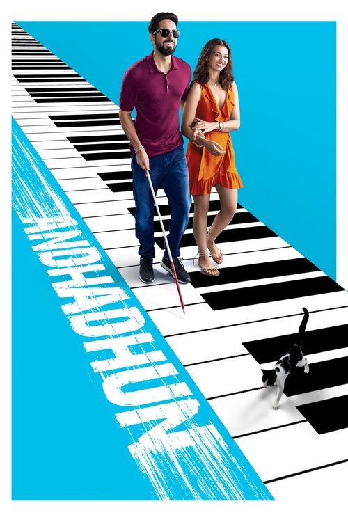 The poster features a man and woman standing on a stylized keyboard, with the title "Andhadhun" prominently displayed in bold, white letters against a vibrant blue background. The image conveys a playful yet mysterious mood, suggesting themes of mystery and intrigue.