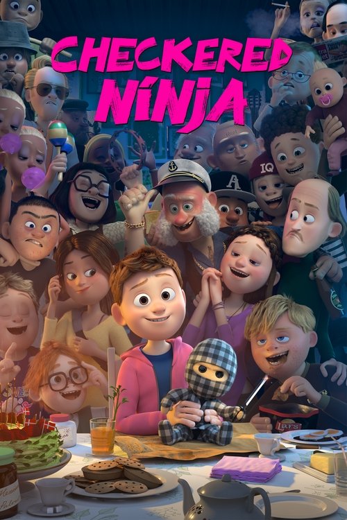 The vibrant poster features a diverse group of animated characters gathered around a lively dinner table, creating a warm and inviting atmosphere. The colorful characters, ranging from playful to serious expressions, add to the dynamic and engaging visual appeal. The title "Checkered Ninja" is pr...