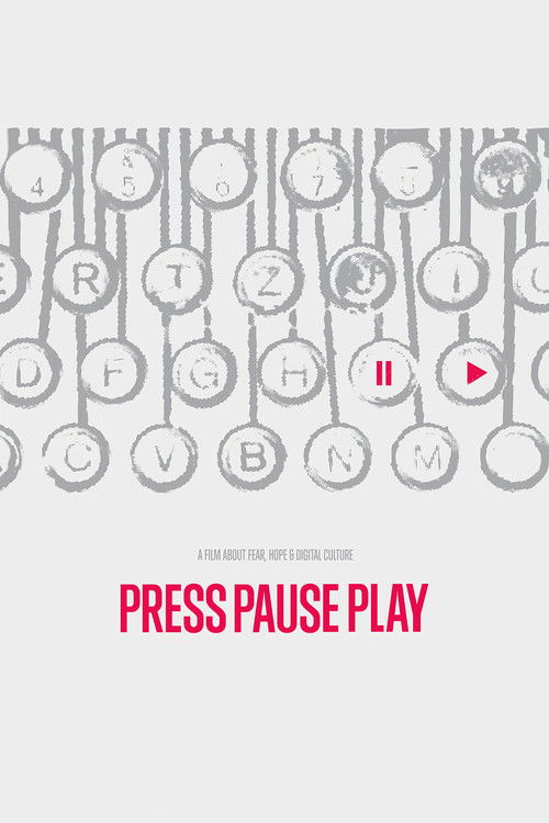 The poster features a minimalist design with a grid of clock faces and letters, creating a mysterious atmosphere. The red "PRESS PAUSE PLAY" text stands out against the gray background, suggesting urgency or a call to action. The overall mood is intriguing and slightly suspenseful, inviting viewe...