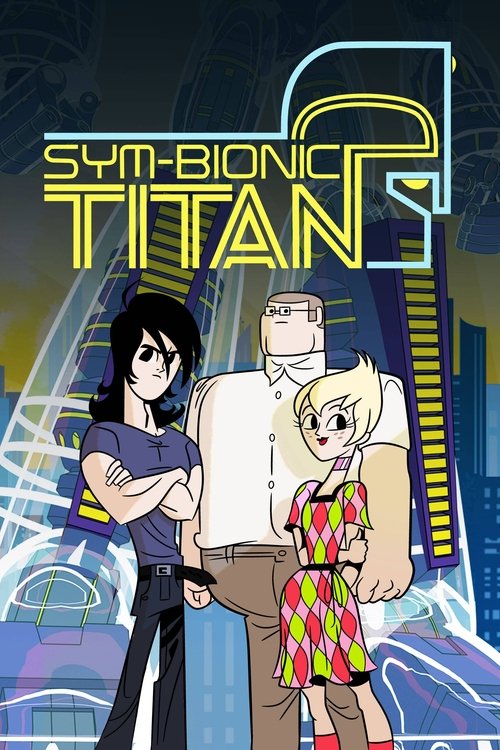 The poster features three animated characters against a futuristic cyberpunk backdrop. The vibrant colors of the characters' outfits contrast with the neon blue and purple tones of the background. The mood is energetic and adventurous, suggesting a thrilling space adventure.